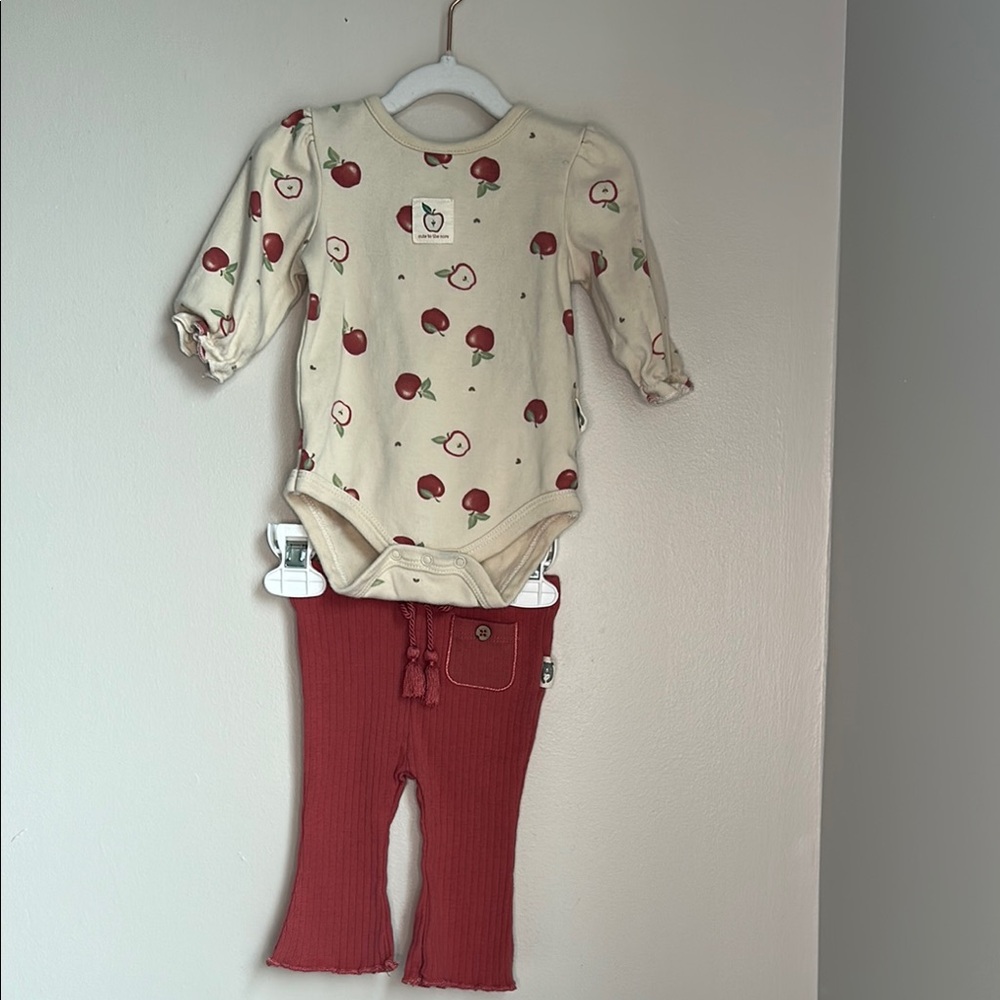 Organic Cotton “Cute to the core” Apple Print Baby Onesie and Red Pants Set